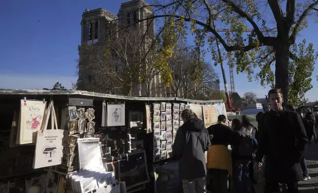 People stroll by book sellers in front of Notre-Dame cathedral, Thursday, Nov. 28, 2024 in Paris. (AP Photo/Michel Euler)