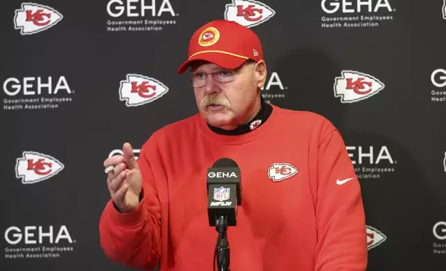 Kansas City Chiefs head coach Andy Reid speaks during a news conference following an NFL football game against the Buffalo Bills Sunday, Nov. 17, 2024, in Orchard Park, N.Y. The Bills won 30-21. (AP Photo/Jeffrey T. Barnes)