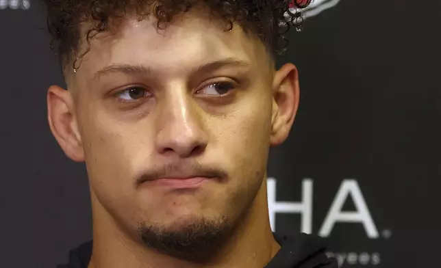 Kansas City Chiefs quarterback Patrick Mahomes speaks during a news conference following an NFL football game against the Buffalo Bills Sunday, Nov. 17, 2024, in Orchard Park, N.Y. The Bills won 30-21. (AP Photo/Jeffrey T. Barnes)