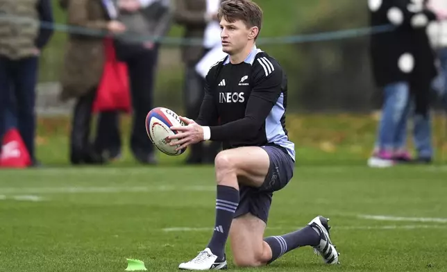 New Zealand's Beauden Barrett takes part in a team run at The Lensbury Resort, Teddington, England, Friday Nov. 1, 2024. (John Walton/PA via AP)