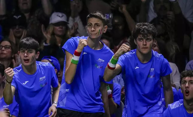 Supporters of Italy cheer during the match between Italy's Matteo Berrettini and Australia's Thanasi Kokkinakis during the Davis Cup semifinal at the Martin Carpena Sports Hall in Malaga, southern Spain, on Saturday, Nov. 23, 2024. (AP Photo/Manu Fernandez)