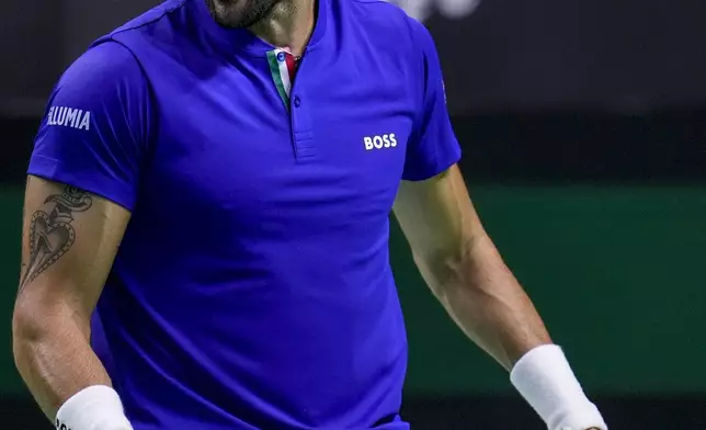 Italy's Matteo Berrettini celebrates a point against Australia's Thanasi Kokkinakis during the Davis Cup semifinal at the Martin Carpena Sports Hall in Malaga, southern Spain, on Saturday, Nov. 23, 2024. (AP Photo/Manu Fernandez)