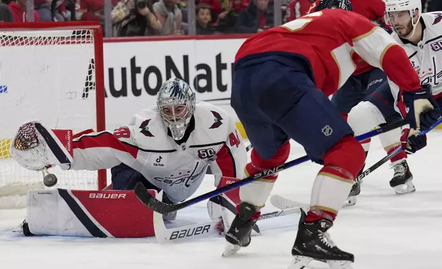 Washington Capitals goaltender Logan Thompson (48) makes a save during the second period of an NHL hockey game against the Florida Panthers, Monday, Nov. 25, 2024, in Sunrise, Fla. (AP Photo/Lynne Sladky)