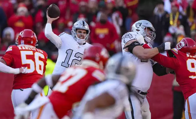 Las Vegas Raiders quarterback Aidan O'Connell (12) throws against the Kansas City Chiefs during the first half of an NFL football game in Kansas City, Mo., Friday, Nov. 29, 2024. (AP Photo/Charlie Riedel)