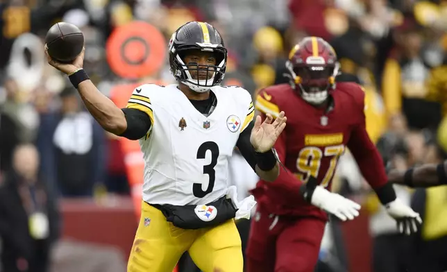 Pittsburgh Steelers quarterback Russell Wilson throws during the first half of an NFL football game against the Washington Commanders, Sunday, Nov. 10, 2024, in Landover, Md. (AP Photo/Nick Wass)