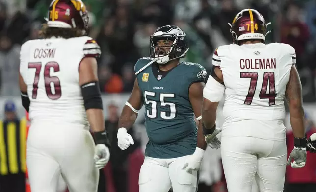 Philadelphia Eagles defensive end Brandon Graham (55) celebrates sacking Washington Commanders quarterback Jayden Daniels during the first half of an NFL football game Thursday, Nov. 14, 2024, in Philadelphia. (AP Photo/Matt Slocum)