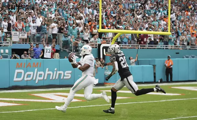 Miami Dolphins tight end Jonnu Smith (9) scores a touchdown as Las Vegas Raiders safety Isaiah Pola-Mao (20) is late with the tackle during the second half of an NFL football game, Sunday, Nov. 17, 2024, in Miami Gardens, Fla. (AP Photo/Rebecca Blackwell)