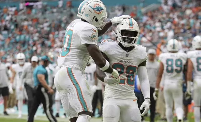 Miami Dolphins running back De'Von Achane (28) celebrates his touchdown with Miami wide receiver Tyreek Hill (10) during the second half of an NFL football game against the Las Vegas Raiders, Sunday, Nov. 17, 2024, in Miami Gardens, Fla. (AP Photo/Rebecca Blackwell)