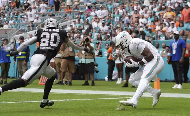 Miami Dolphins tight end Jonnu Smith (9) grabs a touchdown pass during the first half of an NFL football game against the Las Vegas Raiders, Sunday, Nov. 17, 2024, in Miami Gardens, Fla. (AP Photo/Rebecca Blackwell)