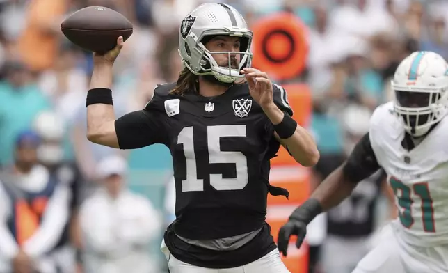 Las Vegas Raiders quarterback Gardner Minshew (15) aims a pass during the first half of an NFL football game against the Miami Dolphins, Sunday, Nov. 17, 2024, in Miami Gardens, Fla. (AP Photo/Rebecca Blackwell)