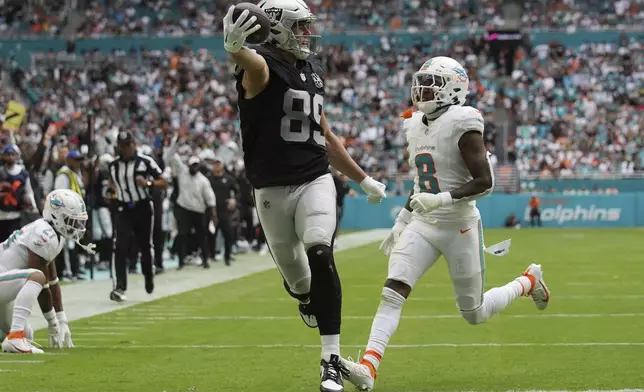 Las Vegas Raiders tight end Brock Bowers (89) scores a touchdown during the second half of an NFL football game against the Miami Dolphins, Sunday, Nov. 17, 2024, in Miami Gardens, Fla. (AP Photo/Lynne Sladky)