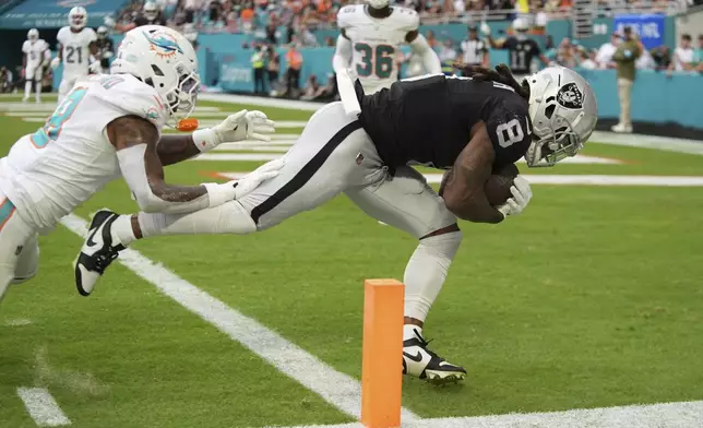 Las Vegas Raiders running back Ameer Abdullah (8) scores a touchdown during the second half of an NFL football game against the Miami Dolphins, Sunday, Nov. 17, 2024, in Miami Gardens, Fla. (AP Photo/Rebecca Blackwell)