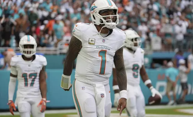 Miami Dolphins quarterback Tua Tagovailoa (1) celebrates a touchdown pass to Miami tight end Jonnu Smith (9) during the second half of an NFL football game against the Las Vegas Raiders, Sunday, Nov. 17, 2024, in Miami Gardens, Fla. (AP Photo/Rebecca Blackwell)