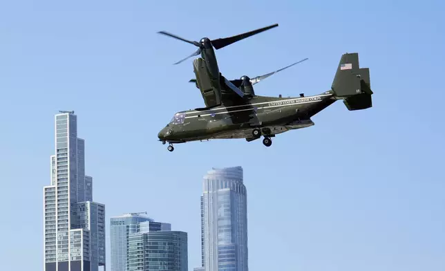 Marine Two, an Osprey tilt-rotor aircraft, with Vice President Kamala Harris and second gentleman Doug Emhoff aboard, lifts from Soldier Field in Chicago, Aug. 23, 2024.(AP Photo/Jacquelyn Martin)