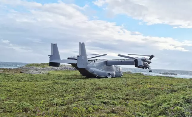 A Boeing V-22 Osprey is seen on Aug. 13, 2022, in Senja, Norway, after an emergency landing due to a clutch issue. (Norwegian Armed Forces via AP)