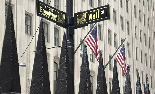 FILE - A sign marking the intersection of Broadway and Wall Street is shown in New York's Financial District on Oct. 30, 2024. (AP Photo/Peter Morgan, File)