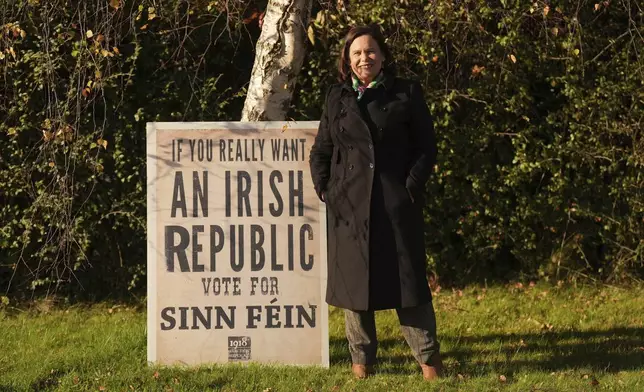 Sinn Fein leader Mary Lou McDonald poses for a photo while canvassing in Naas, Co. Kildare, Ireland, Wednesday November 27, 2024 ahead of the General Election. (Niall Carson/PA via AP)