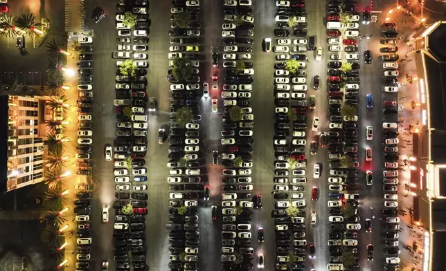 An aerial view shows a packed parking lot at Citadel Outlets in Commerce, Calif., Thursday, Nov. 28, 2024, as early Black Friday shoppers arrive at the mall. (AP Photo/Jae C. Hong)