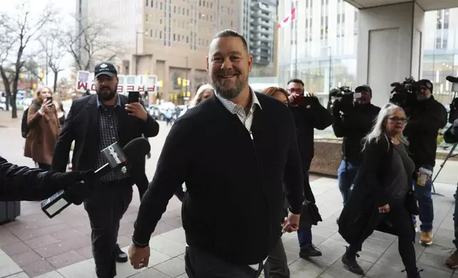 Pat King, a prominent figure in Canada’s trucker protests against COVID-19 restrictions in 2022, arrives at court in Ottawa, Ontario, Friday, Nov. 22, 2024. (Sean Kilpatrick/The Canadian Press via AP)