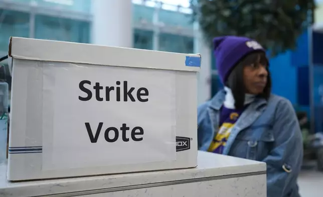 An union ballot drop box is seen at Charlotte Douglas International Airport, Friday, Nov. 22, 2024, in Charlotte, N.C. (AP Photo/Erik Verduzco)