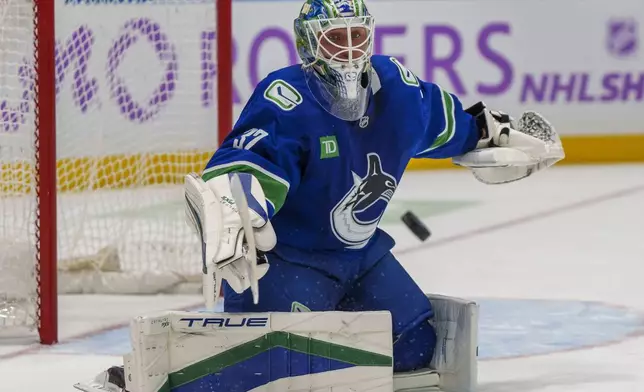 Vancouver Canucks goalie Kevin Lankinen (37) knocks the puck away during second period an NHL hockey match against Nashville Predators in Vancouver, on Sunday, Nov. 17, 2024. (Christopher Morris/The Canadian Press via AP)