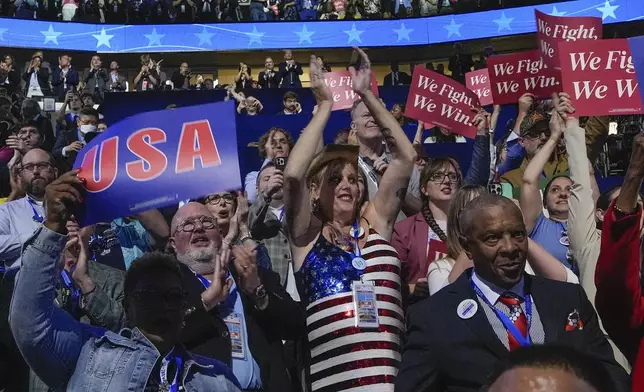 FILE - Jessie McGrath, center with hat, a transgender woman and a former Republican, cheers as she attends the Democratic National Convention as a delegate in Chicago, on Monday, Aug. 19, 2024. (AP Photo/Brynn Anderson, File)