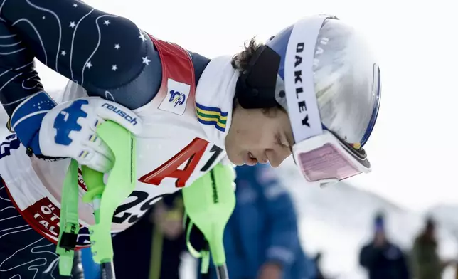 Brazil's Lucas Pinheiro Braathen concentrates ahead of an alpine ski, men's World Cup slalom, in Gurgl, Austria, Sunday, Nov. 24, 2024. (AP Photo/Gabriele Facciotti)