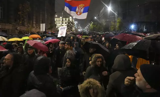 People march during a protest following collapse of a concrete canopy at the railway station in Novi Sad that killed 14 people, in Belgrade, Serbia, Monday, Nov. 11, 2024. (AP Photo/Darko Vojinovic)