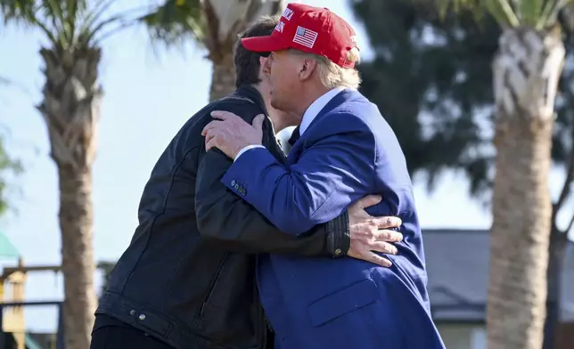 President-elect Donald Trump greets Elon Musk before the launch of the sixth test flight of the SpaceX Starship rocket Tuesday, Nov. 19, 2024 in Brownsville, Texas. (Brandon Bell/Pool via AP)