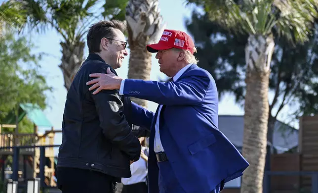 President-elect Donald Trump greets Elon Musk before the launch of the sixth test flight of the SpaceX Starship rocket Tuesday, Nov. 19, 2024 in Brownsville, Texas. (Brandon Bell/Pool via AP)