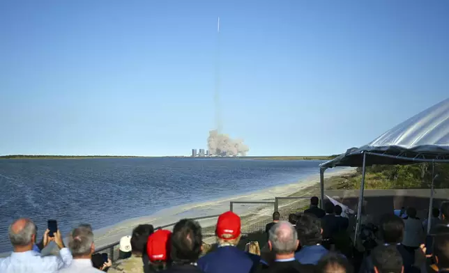 President-elect Donald Trump watches the launch of the sixth test flight of the SpaceX Starship rocket Tuesday, Nov. 19, 2024, in Boca Chica, Texas. (Brandon Bell/Pool via AP)