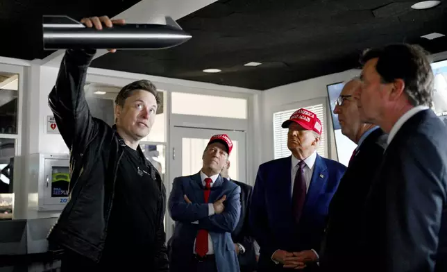 President-elect Donald Trump listens as Elon Musk explains the operations ahead of the launch of the sixth test flight of the SpaceX Starship rocket Tuesday, Nov. 19, 2024 in Brownsville, Texas. (Brandon Bell/Pool via AP)