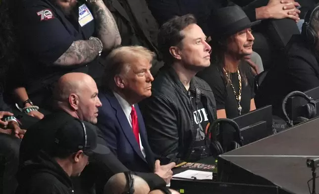 Dana White, President-elect Donald Trump, Elon Musk and Kid Rock attend UFC 309 at Madison Square Garden, Saturday, Nov. 16, 2024, in New York. (AP Photo/Evan Vucci)