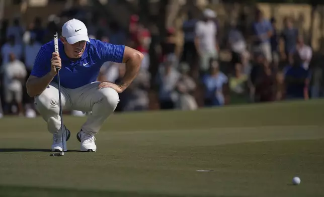 Rory McIlroy of Northern Ireland lines up a putt on the 8th green in the final round of World Tour Golf Championship in Dubai, United Arab Emirates, Sunday, Nov. 17, 2024. (AP Photo/Altaf Qadri)