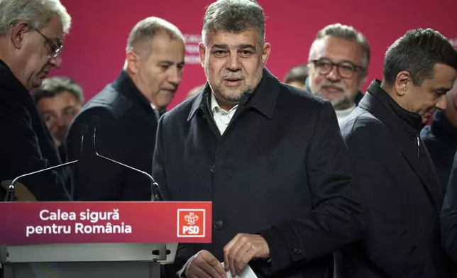 Romanian Prime Minister Marcel Ciolacu, the Social Democratic Party or PSD candidate in the country's presidential elections, leaves after waching exit polls after voting ended, in Bucharest, Romania, Sunday, Nov. 24, 2024. (AP Photo/Vadim Ghirda)