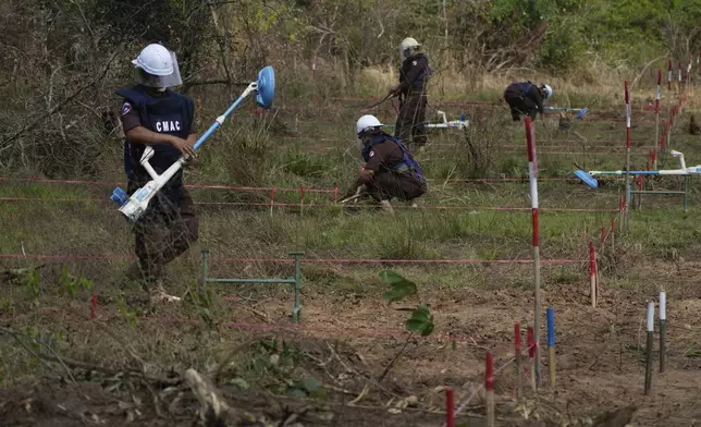 Cambodia Mine Action Center, CMAC, staff members work to demine a minefield in Preytotoeung village, Battambang province, Cambodia, Thursday, Jan. 19, 2023. (AP Photo/Heng Sinith)