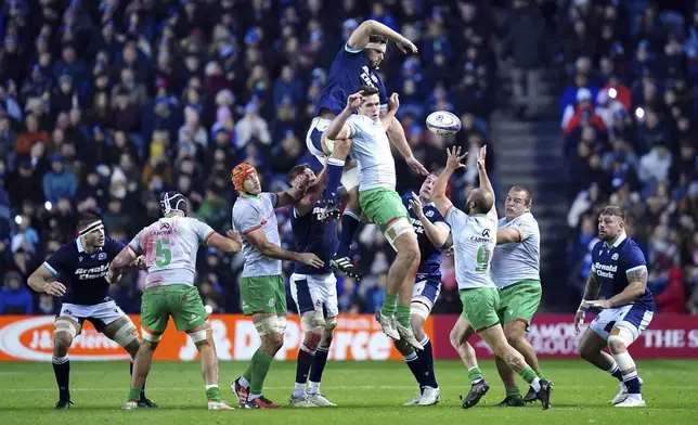 Portugal's Antonio Rebelo de Andrade wins the ball in a lineout during the Autumn Nations series rugby union match between Scotland and Portugal at the Scottish Gas Murrayfield Stadium, in Edinburgh, Scotland, Saturday Nov. 16, 2024. (Jane Barlow/PA via AP)