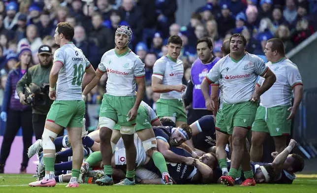 Scotland score their third try of the game, via a penalty try during the Autumn Nations series rugby union match between Scotland and Portugal at the Scottish Gas Murrayfield Stadium, in Edinburgh, Scotland, Saturday Nov. 16, 2024. (Jane Barlow/PA via AP)