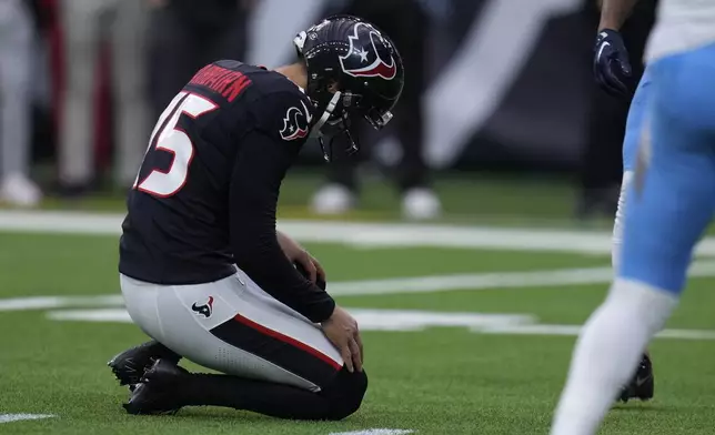 Houston Texans place-kicker Ka'imi Fairbairn reacts after missing a field goal attempt during the second half an NFL football game against the Tennessee Titans, Sunday, Nov. 24, 2024, in Houston. (AP Photo/Eric Christian Smith)