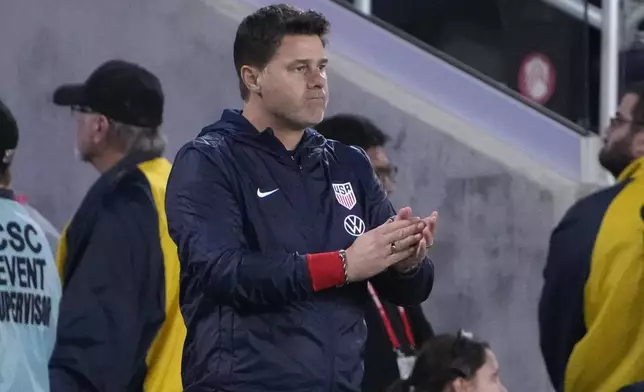 United States head coach Mauricio Pochettino watches from the sideline during the first half in a CONCACAF Nations League quarterfinal second leg soccer match against Jamaica Monday, Nov. 18, 2024, in St. Louis. (AP Photo/Jeff Roberson)