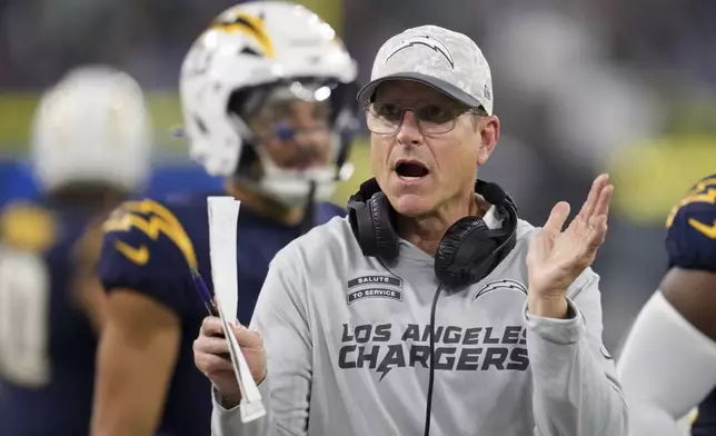 Los Angeles Chargers head coach Jim Harbaugh reacts on the sideline during the second half of an NFL football game against the Baltimore Ravens, Monday, Nov. 25, 2024, in Inglewood, Calif. (AP Photo/Eric Thayer)