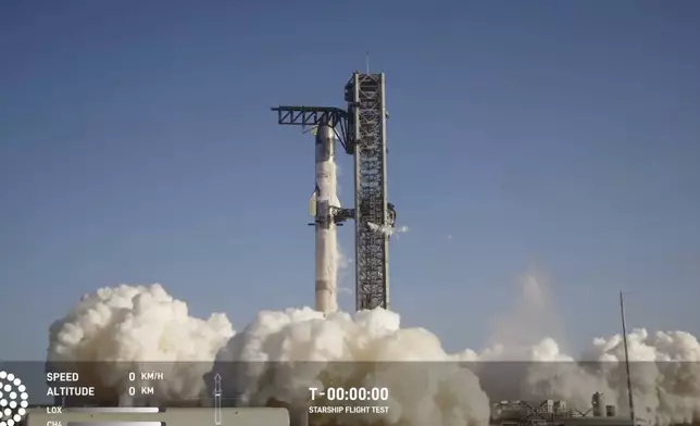 In this image taken from video provided by SpaceX, a SpaceX Starship rocket takes off from Boca Chica Texas, Tuesday, Nov. 19, 2024. (SpaceX via AP)