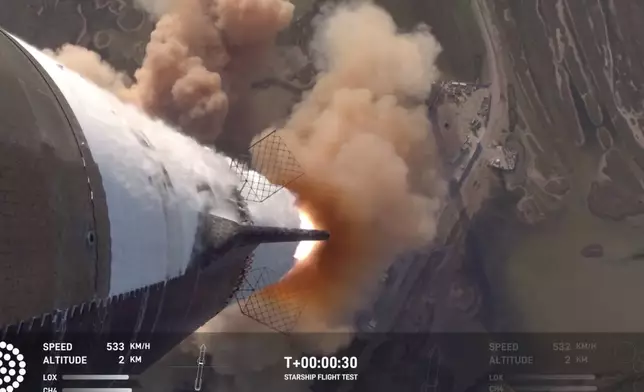 In this image taken from video provided by SpaceX, a SpaceX Starship rocket takes off from Boca Chica Texas, Tuesday, Nov. 19, 2024. (SpaceX via AP)