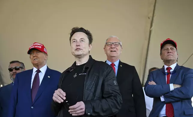 President-elect Donald Trump watches with Elon Musk as Sen. Bill Hagerty, R-Tenn., left, and Sen. Ted Cruz, R-Texas, left, Sen. Kevin Cramer, R-N.D., and Rep. Ronny Jackson, R-Texas, before the launch of the sixth test flight of the SpaceX Starship rocket Tuesday, Nov. 19, 2024 in Brownsville, Texas. (Brandon Bell/Pool via AP)