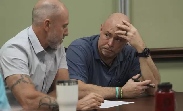 Border Patrol specialist Mitchell Holmes, left, listens to U.S. Fish and Wildlife Regional Law Enforcement agent Kevin Shinn, during a Chaplain Academy training session, Wednesday, Nov. 20, 2024, in Dania Beach, Fla. (AP Photo/Marta Lavandier)