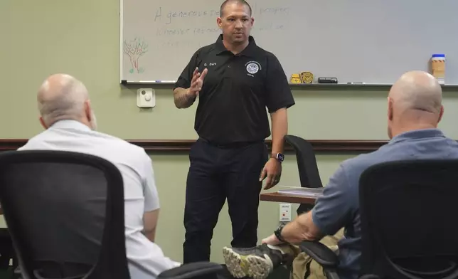 Border Patrol instructor and Chaplain Christopher Day directs a session at the Border Patrol Chaplain Academy, Wednesday, Nov. 20, 2024, in Dania Beach, Fla. (AP Photo/Marta Lavandier)