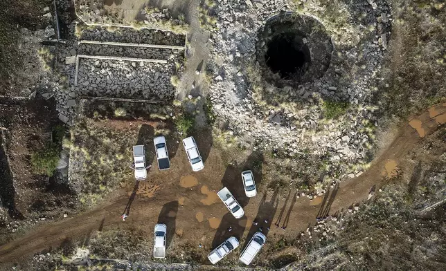 An aerial view of a mine shaft where an estimated 4000 illegal miners are trapped in a disused mine in Stilfontein, South Africa, Wednesday, Nov.13, 2024. (AP Photo)