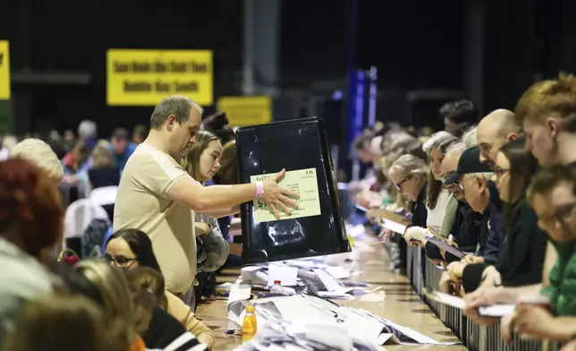 Counting begins for Ireland's General Election at the Royal Dublin Society in Dublin, Ireland, Saturday, Nov. 30, 2024. (AP Photo/Peter Morrison)