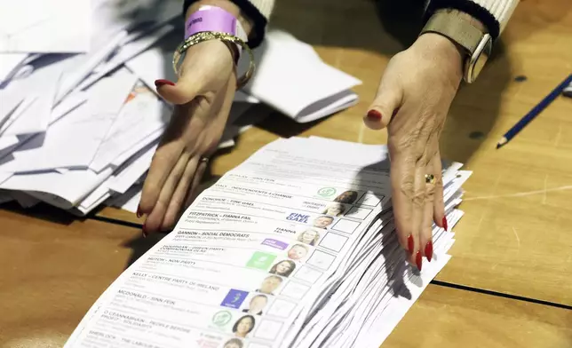 Counting begins for Ireland's General Election at the Royal Dublin Society in Dublin, Ireland, Saturday, Nov. 30, 2024. (AP Photo/Peter Morrison)