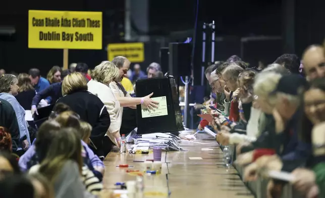 Counting begins for Ireland's General Election at the Royal Dublin Society in Dublin, Ireland, Saturday, Nov. 30, 2024. (AP Photo/Peter Morrison)